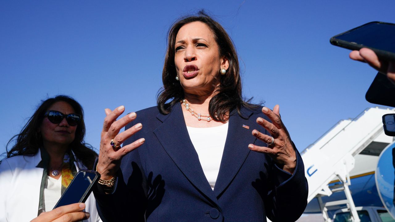 US Vice President Kamala Harris speaks to members of the media as she arrives at the El Paso International Airport in El Paso, Texas.