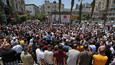 Palestinian protesters gather during a demonstration calling for Palestinian President Mahmoud Abbas to quit in Ramallah.
