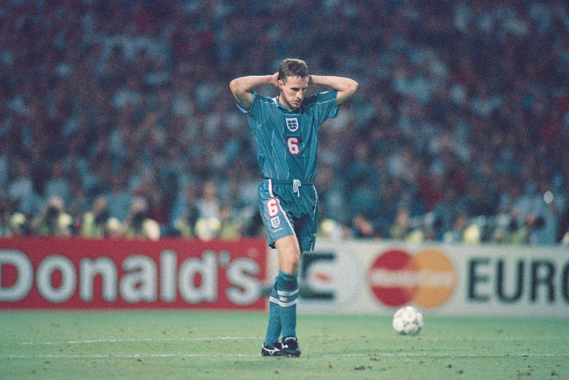 Gareth Southgate reacts after missing his penalty in 1996. 