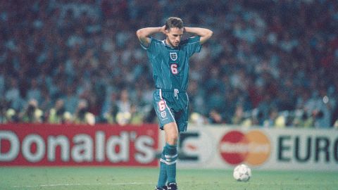 Gareth Southgate reacts after missing his penalty during the 1996 penalty shoot out.