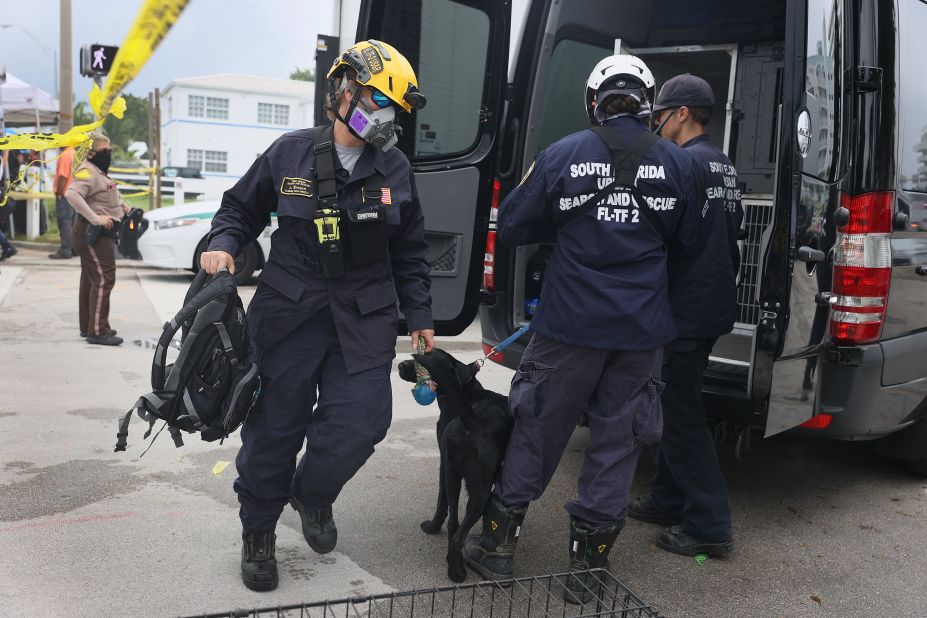 Rescue workers arrive to the scene with dogs on June 25.