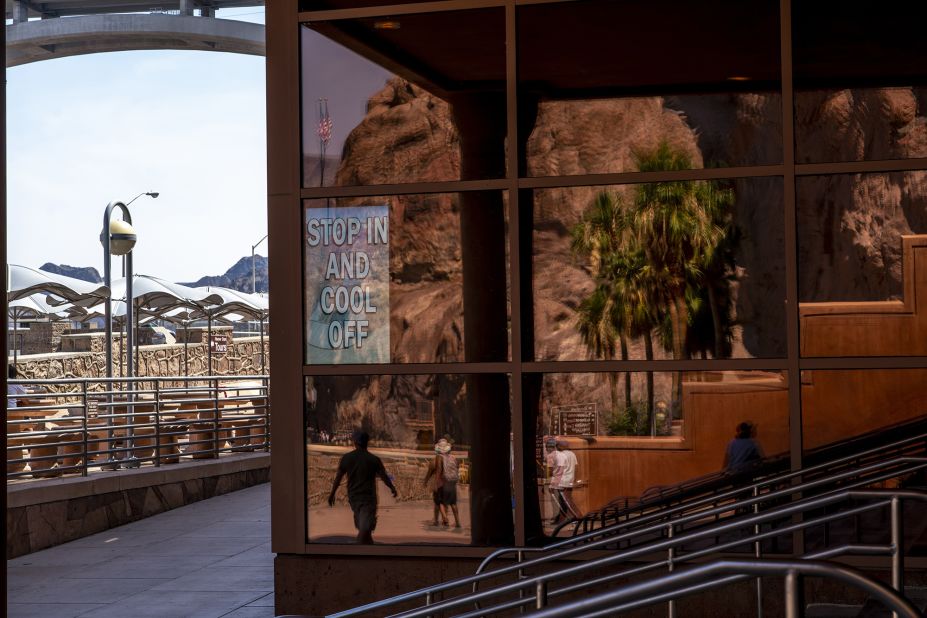 A sign says "stop in and cool off" on a building at Lake Mead in Boulder City, Nevada, on June 16. The lake is at its lowest water level on record since the reservoir was filled in the 1930s.