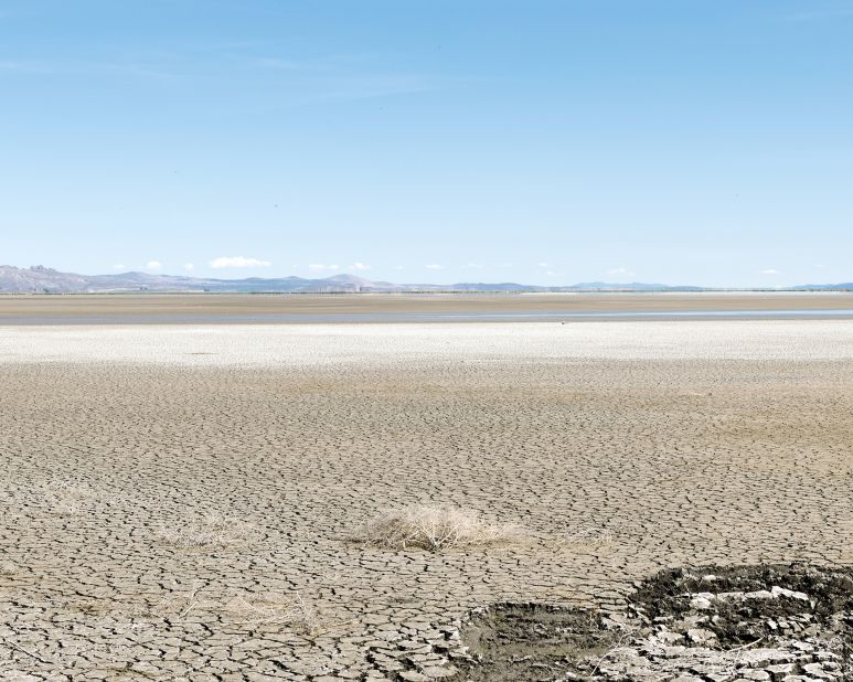 California's Tule Lake National Wildlife Refuge, near the Oregon border, is seen in May 2021. The area has been severely affected by drought and the lack of irrigation waters from Upper Klamath Lake, which usually feeds into the refuge.