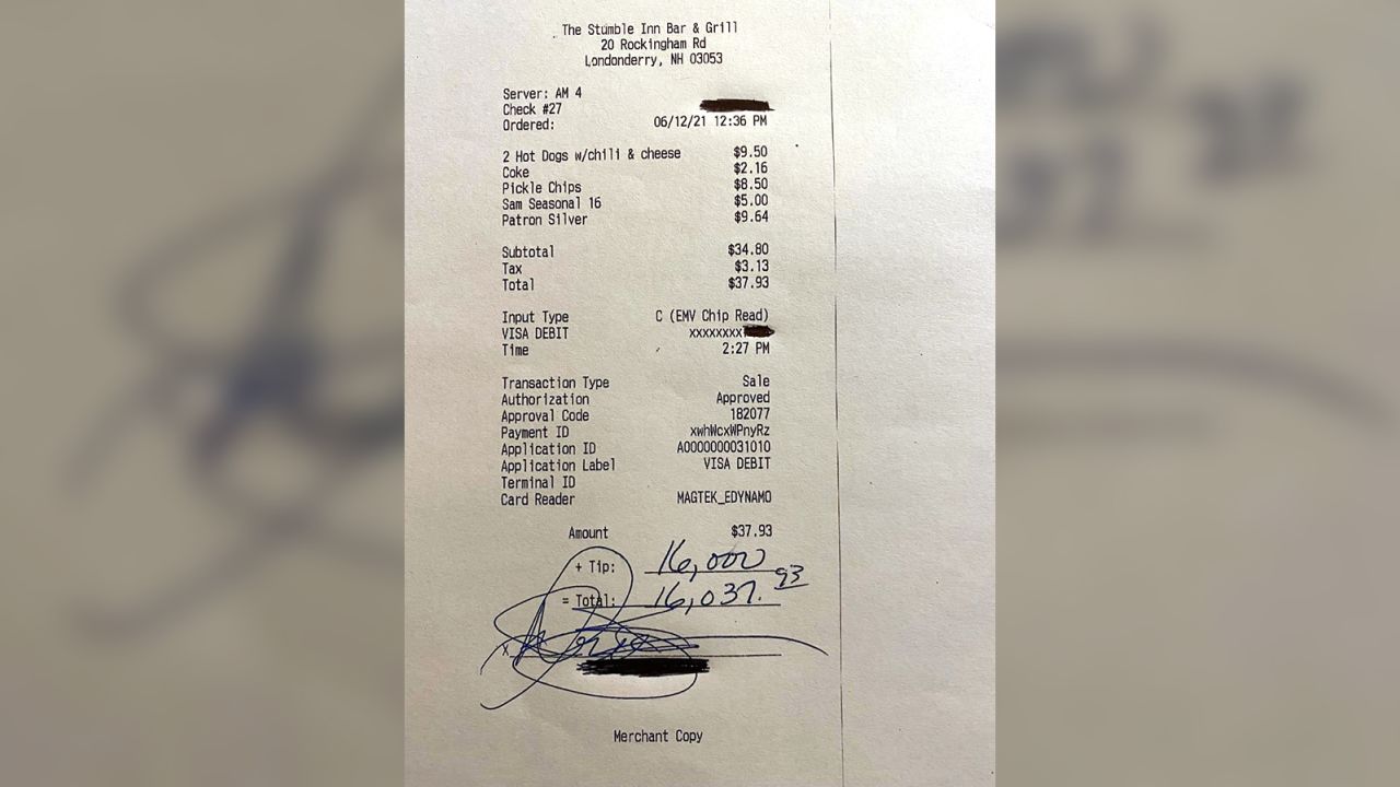 An anonymous customer left a $16,000 tip at Stumble Inn Bar & Grill in Londonderry, New Hampshire.