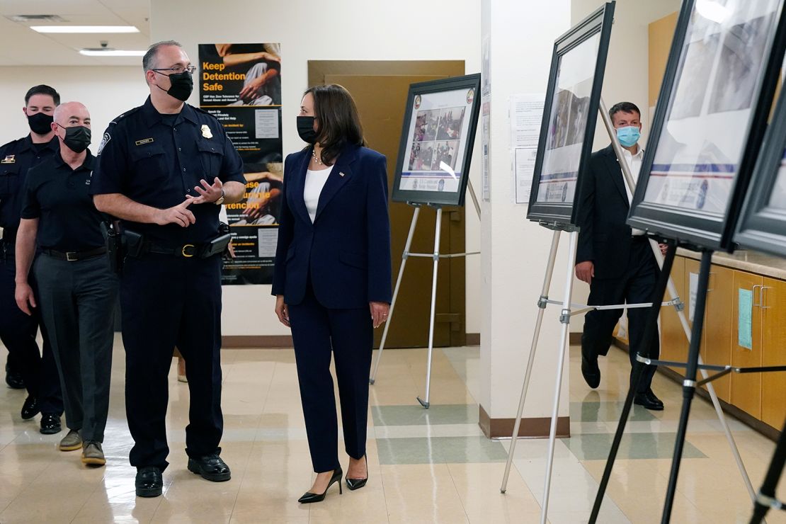 Harris and Homeland Security Secretary Alejandro Mayorkas, second left, visit the Paso del Norte Port of Entry on Friday.