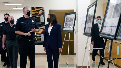 Harris and Homeland Security Secretary Alejandro Mayorkas, second left, visit the Paso del Norte Port of Entry on Friday.