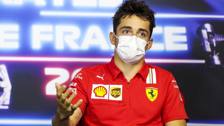 LE CASTELLET, FRANCE - JUNE 17: Charles Leclerc of Monaco and Ferrari talks in the Drivers Press Conference during previews ahead of the F1 Grand Prix of France at Circuit Paul Ricard on June 17, 2021 in Le Castellet, France. (Photo by Antonin Vincent - Pool/Getty Images)