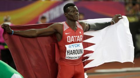 Qatar's Abdalelah Haroun celebrates after winning the bronze medal in the men's 400m final at the 2017 World Athletics Championships in London.
