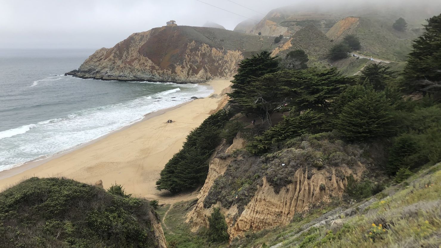A 35-year-old man was hospitalized Saturday for a shark bite at Grey Whale Cove State Beach, according to the San Mateo County Sheriff's Office