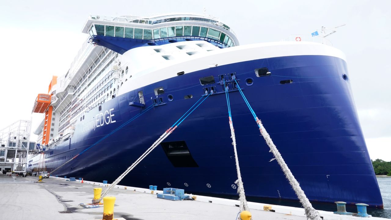 The Celebrity Edge cruise ship is docked at Port Everglades in Fort Lauderdale, Florida. The Celebrity Edge is set to sail  Saturday and become the first cruise ship to leave a US port with ticketed passengers since the onset of the pandemic last year.