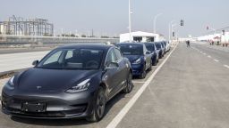 Tesla Inc. Model 3 vehicles sit parked at the company's Gigafactory in Shanghai, China, on Monday, Dec. 30, 2019. Tesla delivered its first China-built cars on Monday, a milestone for Elon Musk's company as it accelerates a push in the world's largest electric-vehicle market. Photographer: Qilai Shen/Bloomberg via Getty Images