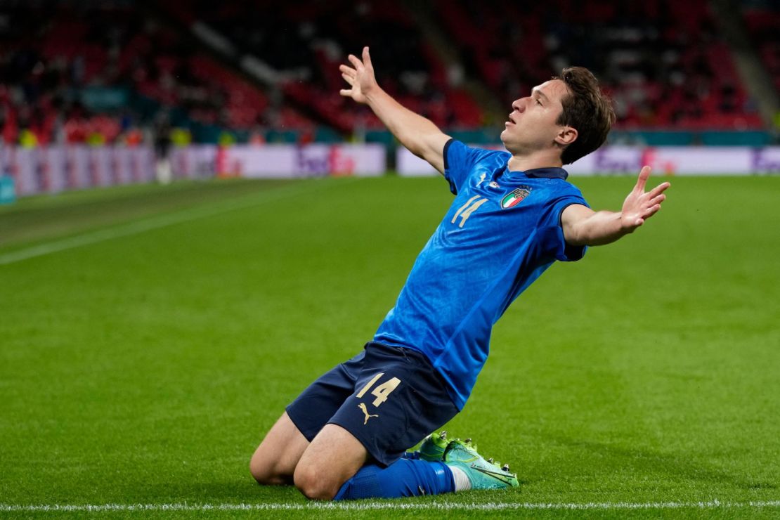 Chiesa celebrates after scoring the opening goal for Italy against Austria at Wembley Stadium.