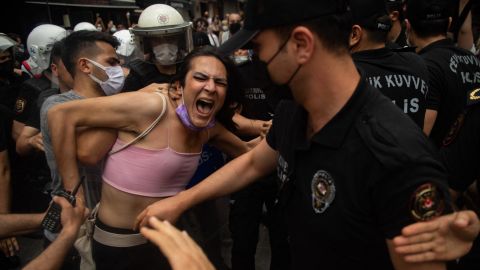 A protester is detained by police at the Pride event in Istanbul on Saturday. 