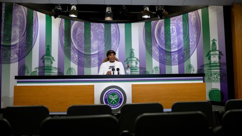 Williams attends a press conference in the main interview room at Wimbledon.