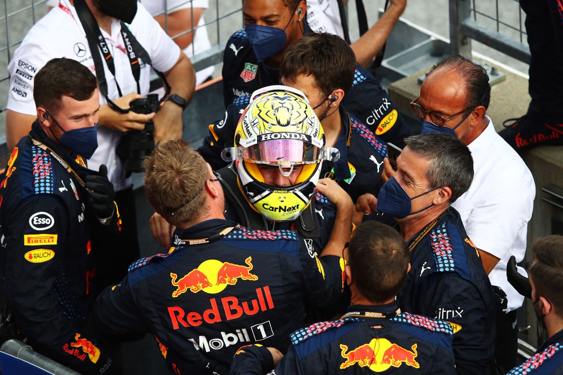 Verstappen and his teammates  celebrate after winning Styrian Grand Prix. 