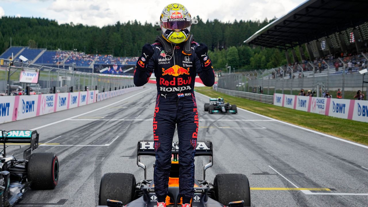 Verstappen celebrates after winning the Styrian Grand Prix.