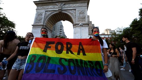 Pride marches took place in cities across the US this weekend around the anniversary of the 1969 Stonewall riots -- with abundant commentary by marchers on issues including immigration, police brutality, and even foreign leaders. Above: Participants at New York City's Dyke March, June 26.