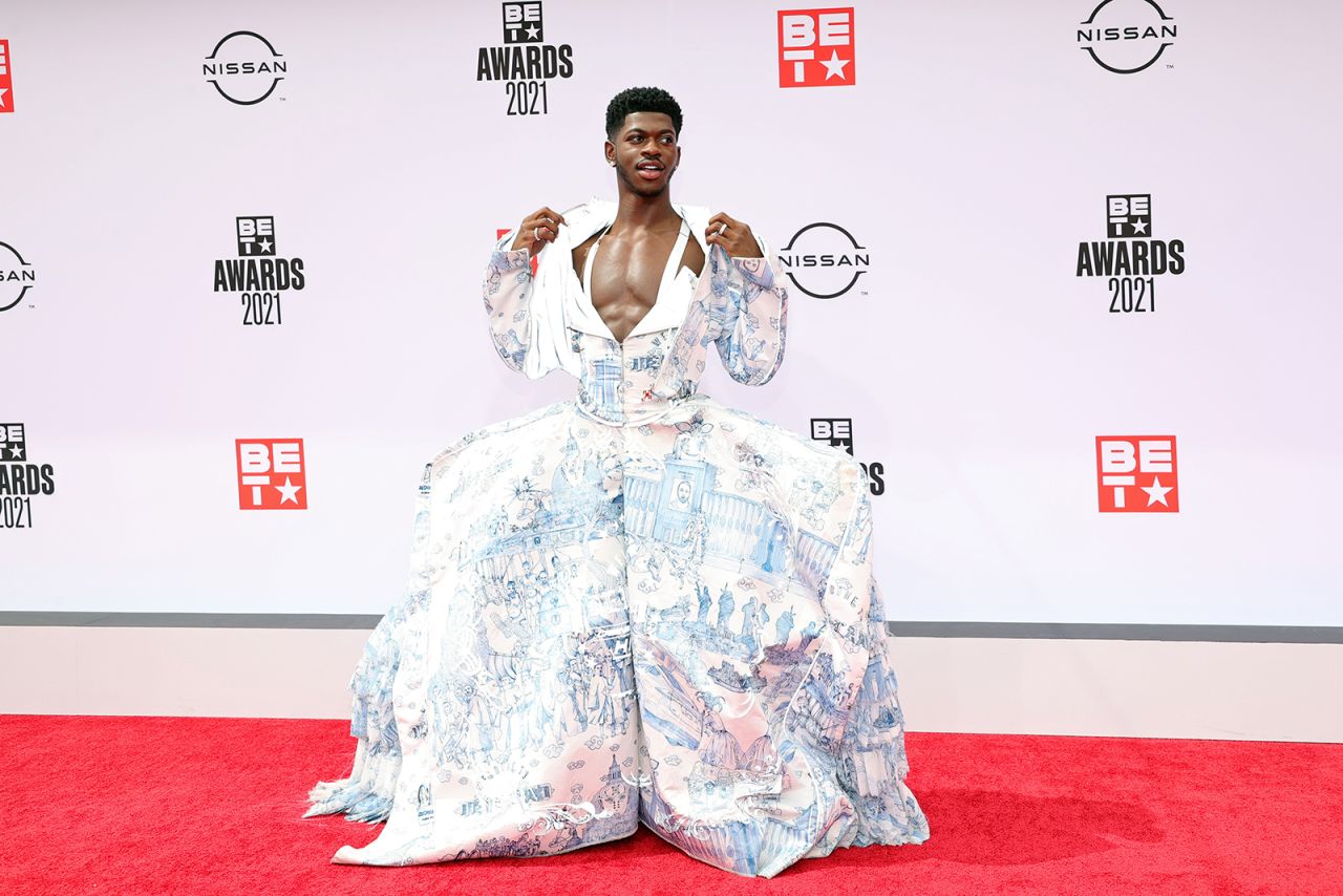 Another angle of Lil Nas X's dress by designer Andrea Grossi.