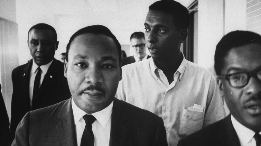 Civil rights leaders Floyd B. McKissick, left, the Rev. Martin Luther King Jr., second left, and Stokely Carmichael, second from the right, during a march through Mississippi to encourage voter registration.    