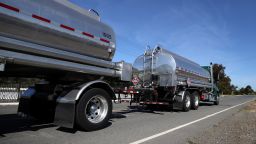 A fuel truck leaves a fuel terminal after filling its tanks with gas on April 29, 2021 in Richmond, California. A lack of qualified truck drivers could lead to a shortage and gasoline this summer and could cause prices to spike. A gallon of regular unleaded gas is already at or around $4.00 in parts of California. 