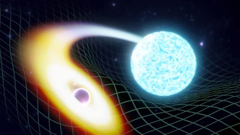This artistt's interpretation shows what can happen when a black hole merges with a neutron star.