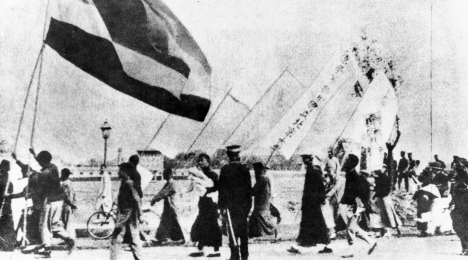 The Chinese Communist Party traces its roots to the May Fourth Movement of 1919. On May 4, 1919, student demonstrators took to the streets of Beijing in huge numbers to protest negotiations over the Treaty of Versailles, the peace deal drawn up to end World War I. Even though China was on the winning side, the Western powers had decided to hand over Germany's former concessions in the eastern Chinese province of Shandong to Japan. (Japan, with support from the British, had captured the port of Qingdao in Shandong from the Germans in 1914.)  <br /><br />This news outraged Chinese students, including those from the prestigious Peking University, pictured here. As thousands of students marched toward Tiananmen Gate, Japanese goods and books were piled up and burned on the streets. The protesters also focused their anger on their own government, which they saw as weak and ineffective in the face of Western imperialism.  <br /><br />Two years later, the Chinese Communist Party was founded in Shanghai.