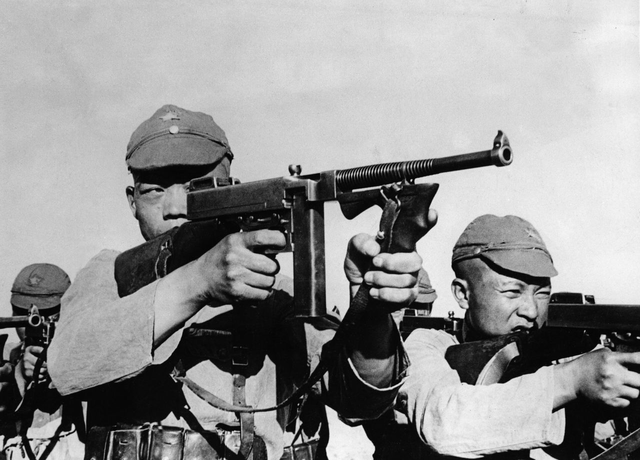 Chinese Communist soldiers conduct a military exercise in 1937. That year, the second war broke out between China and Japan over the expansion of Japan's influence in China. The communists pledged their support to the Nationalist government to defeat the Japanese. Their union fell apart in 1945 after Japan surrendered to the Allies, ending World War II.