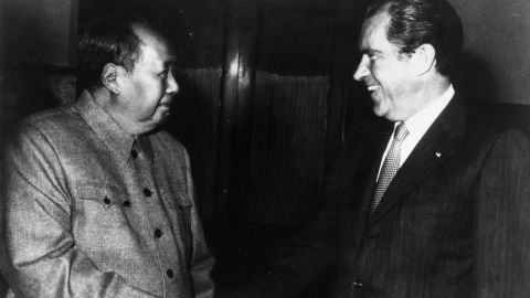 Mao shakes hands with US President Richard Nixon, who was visiting China in 1972. Nixon was the first US president to visit China following the 1949 revolution.