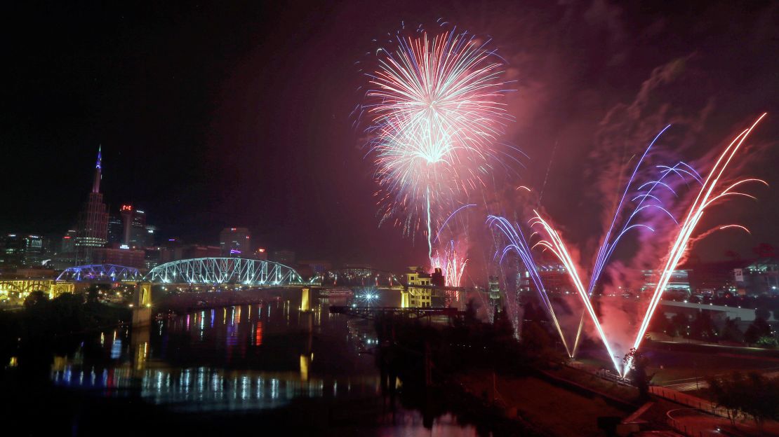 Fourth of July fireworks explode over the Cumberland River in 2016.