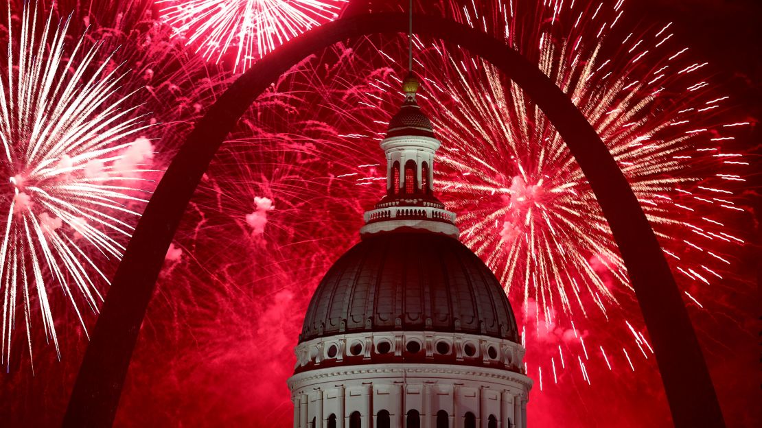 Fireworks light up the night sky over the Gateway Arch and Old Courthouse as part of an Independence Day celebration in 2019.