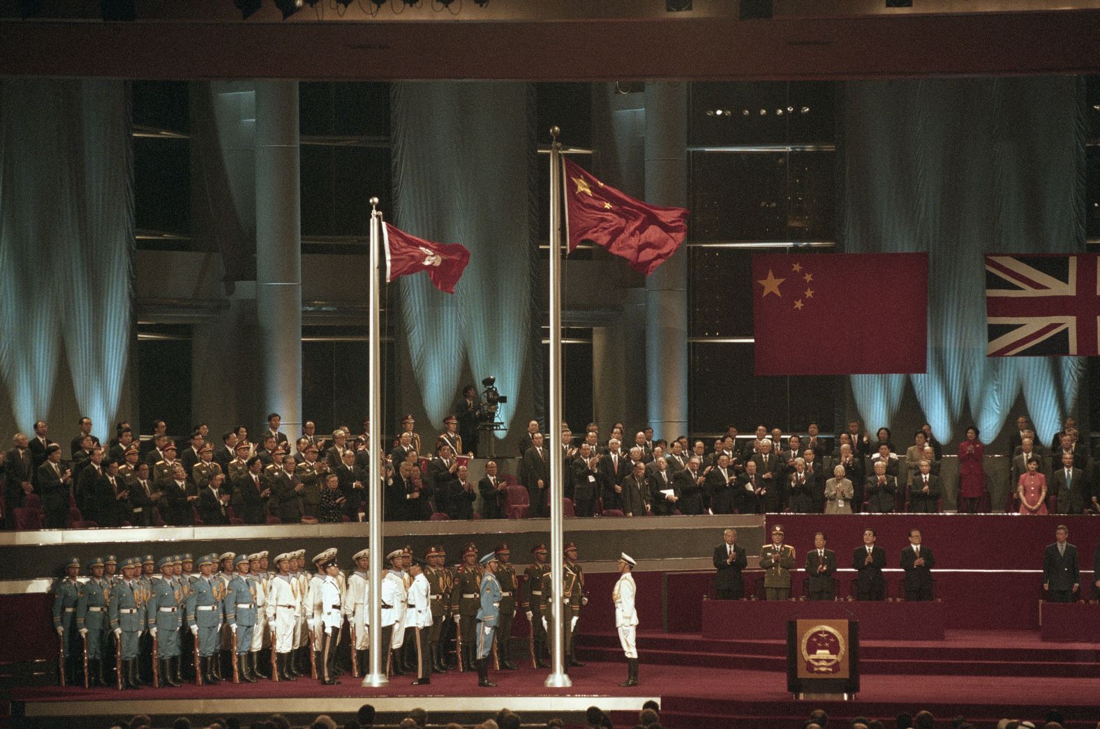 A ceremony is held for the Hong Kong handover on July 1, 1997.