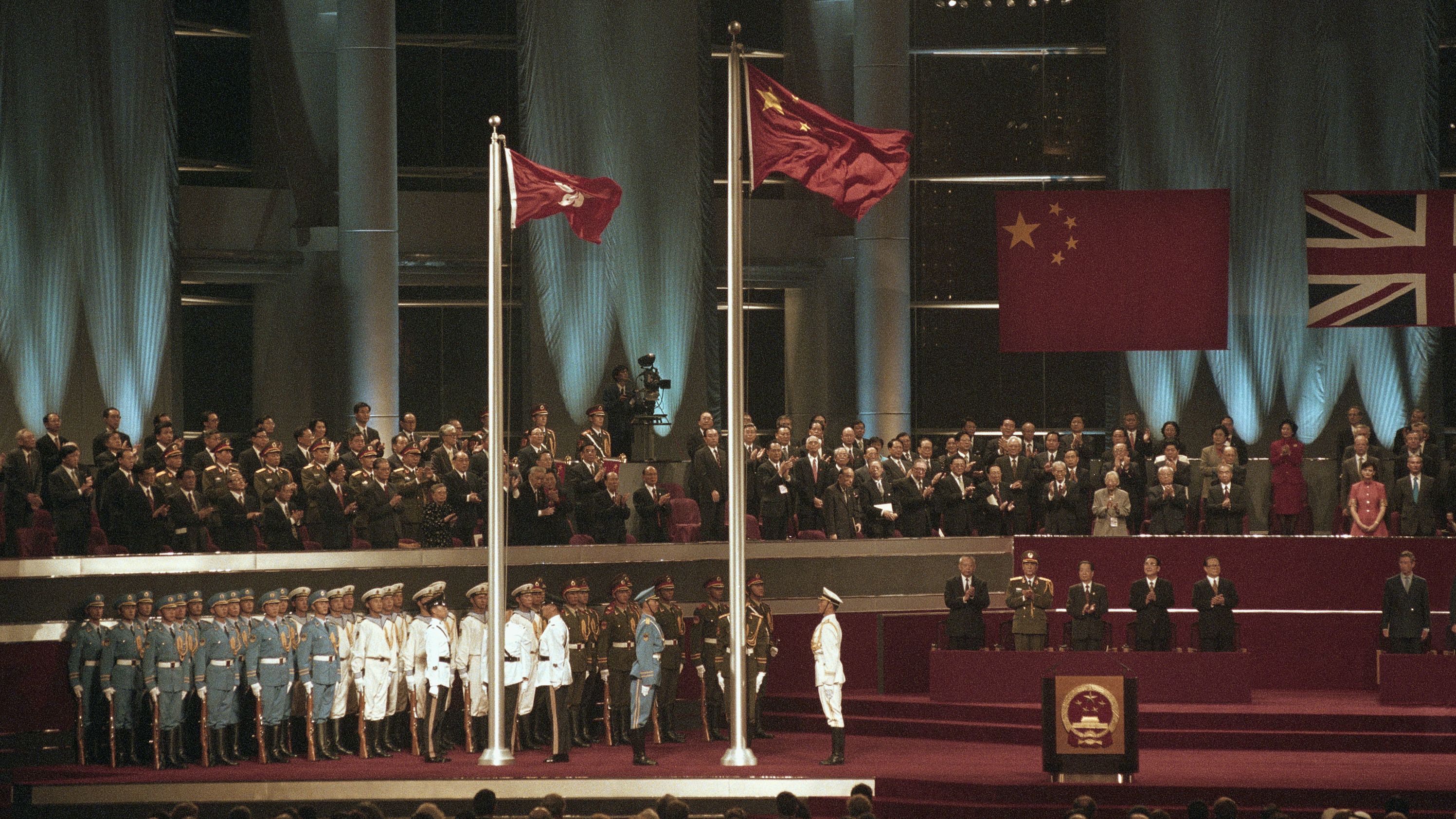 A ceremony is held for the Hong Kong handover on July 1, 1997.