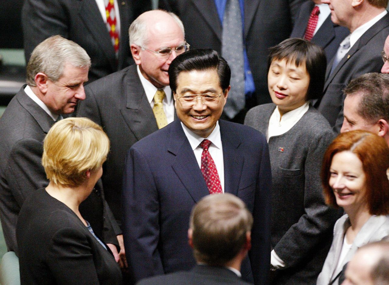 Chinese President Hu Jintao, center, visits Australia's Parliament in October 2003. Hu succeeded Jiang Zemin earlier in the year and would serve as President for the next decade.