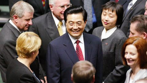 Chinese President Hu Jintao, center, visits Australia's Parliament in October 2003. Hu succeeded Jiang Zemin earlier in the year and would serve as President for the next decade.