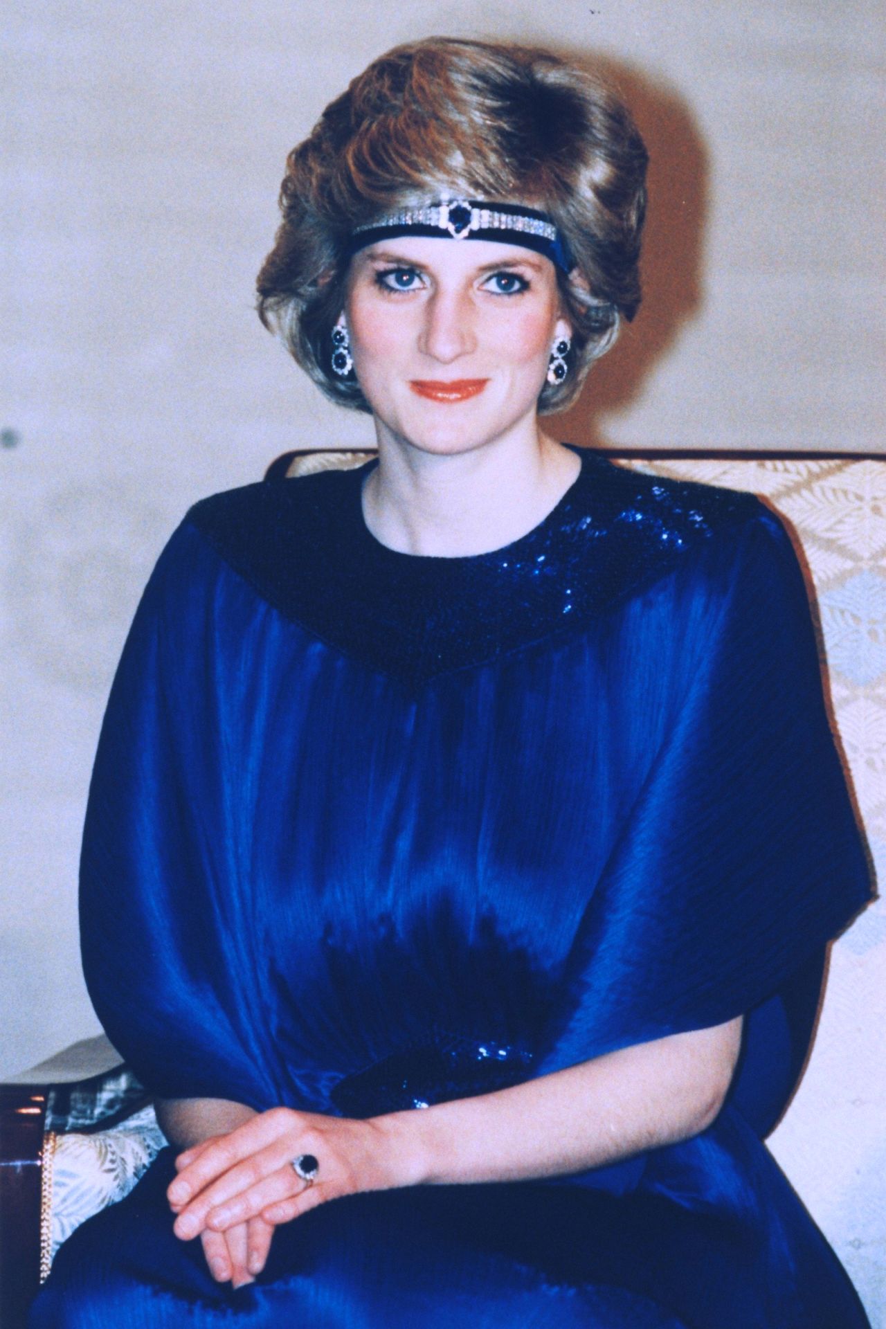Princess Diana wearing an outfit by designer Yuki Torimaru for a royal tour to Japan.