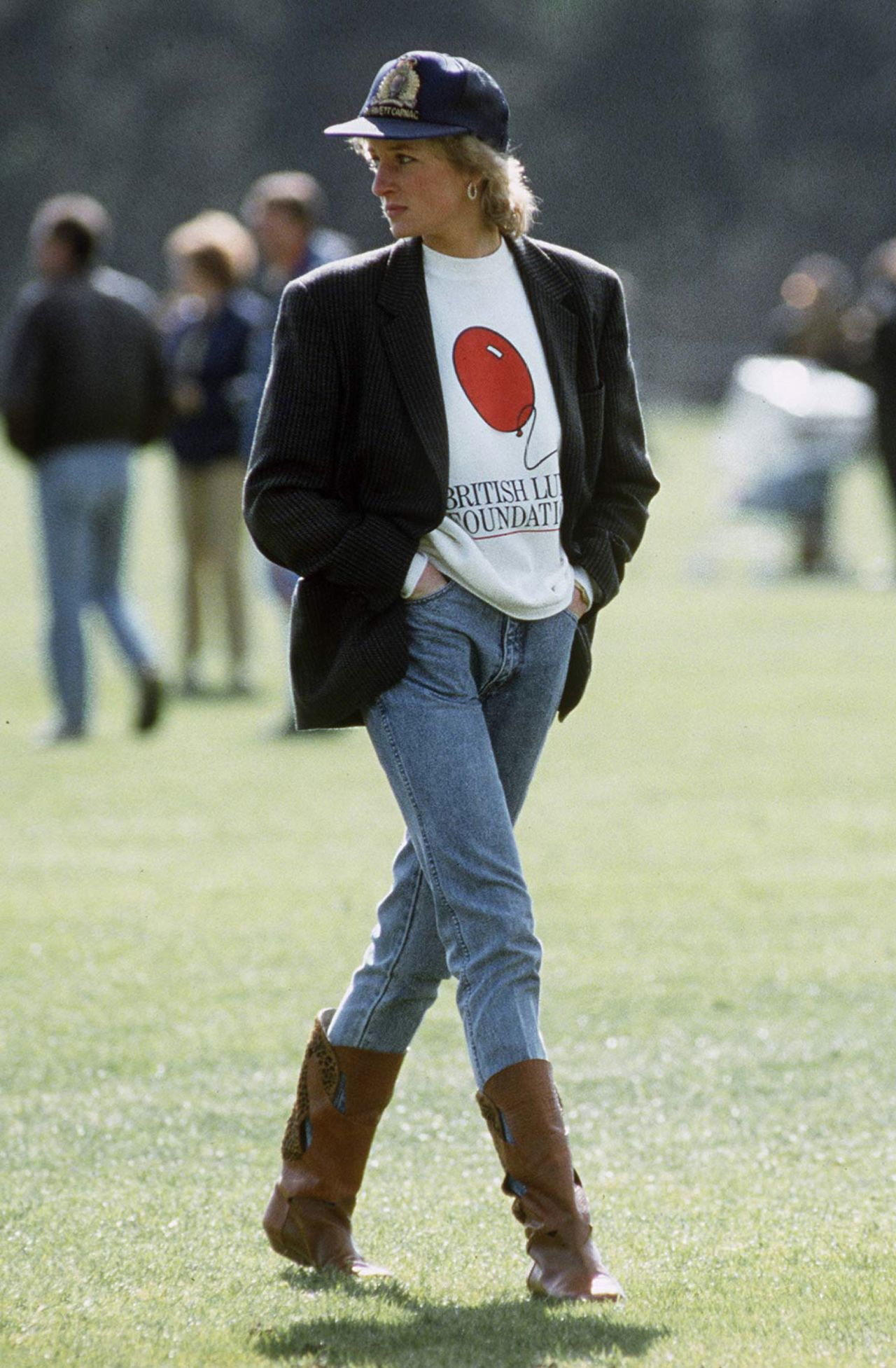 Princess Diana wearing a British Lung Foundation charity sweatshirt to a polo match.