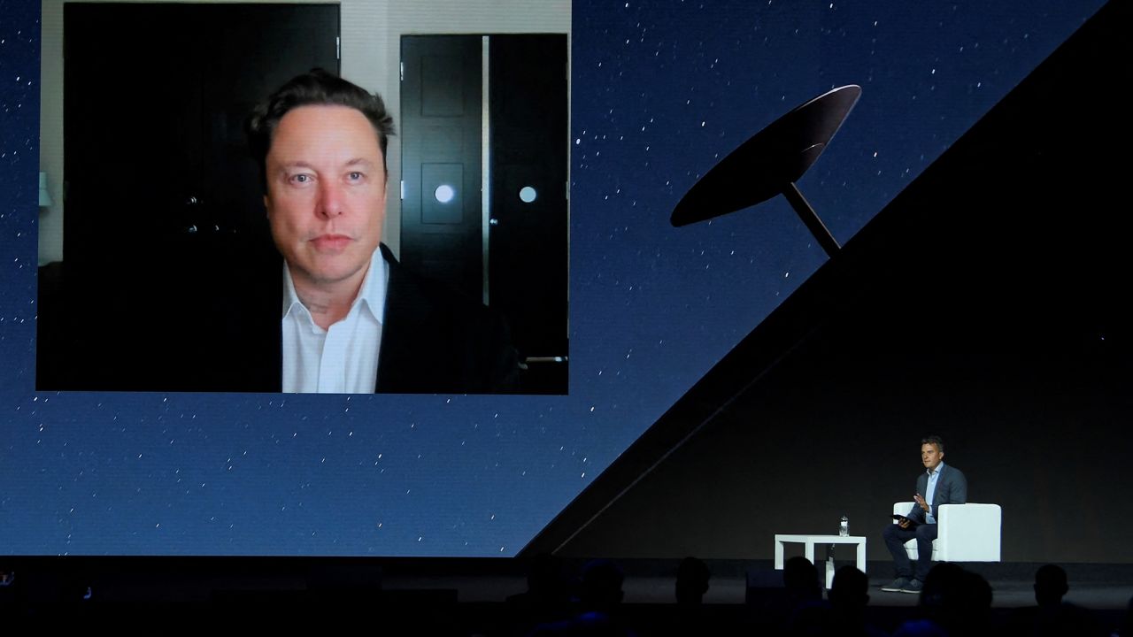 Elon Musk during a keynote speech by video conference at the Mobile World Congress fair in Barcelona on June 29, 2021.