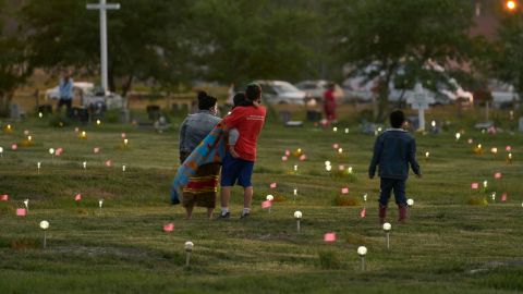 Flags and solar lights at the former Marieval Indian Residential School in Saskatchewan now mark the site where hundreds of unmarked graves were recently discovered. 