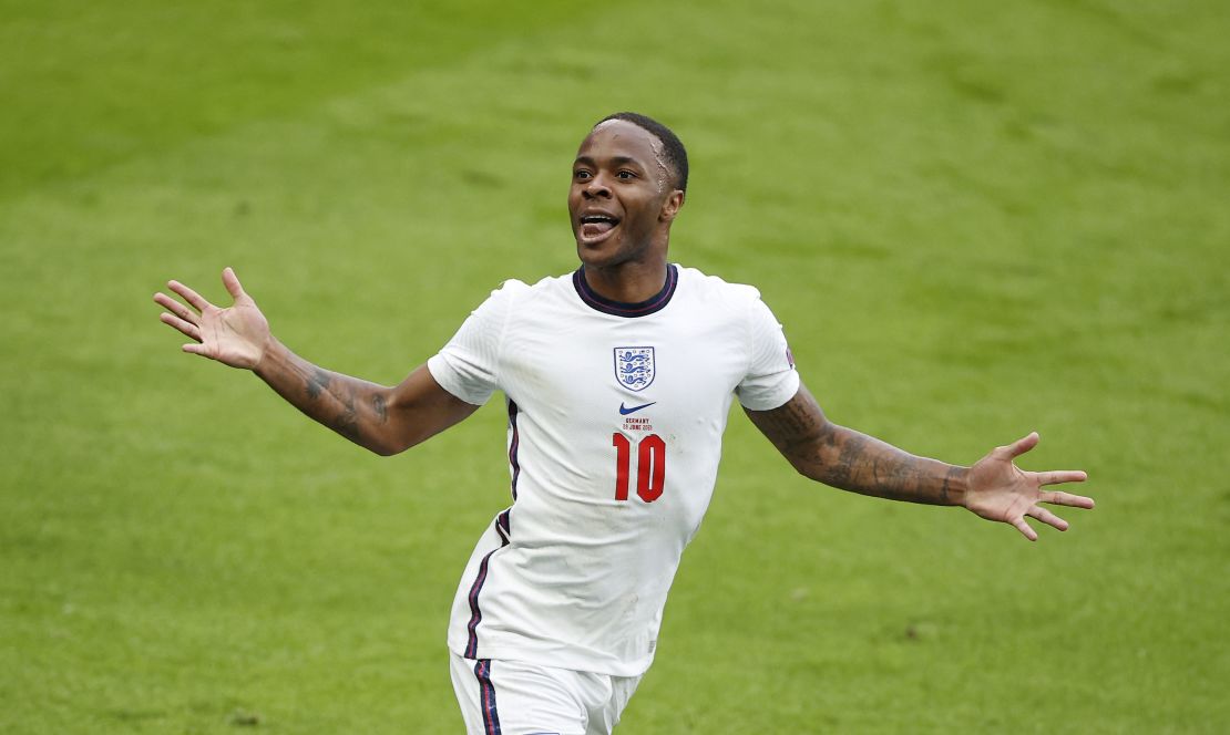 Raheem Sterling of England celebrates after scoring their side's first goal during the UEFA Euro 2020 Championship Round of 16 match between England and Germany at Wembley Stadium.
