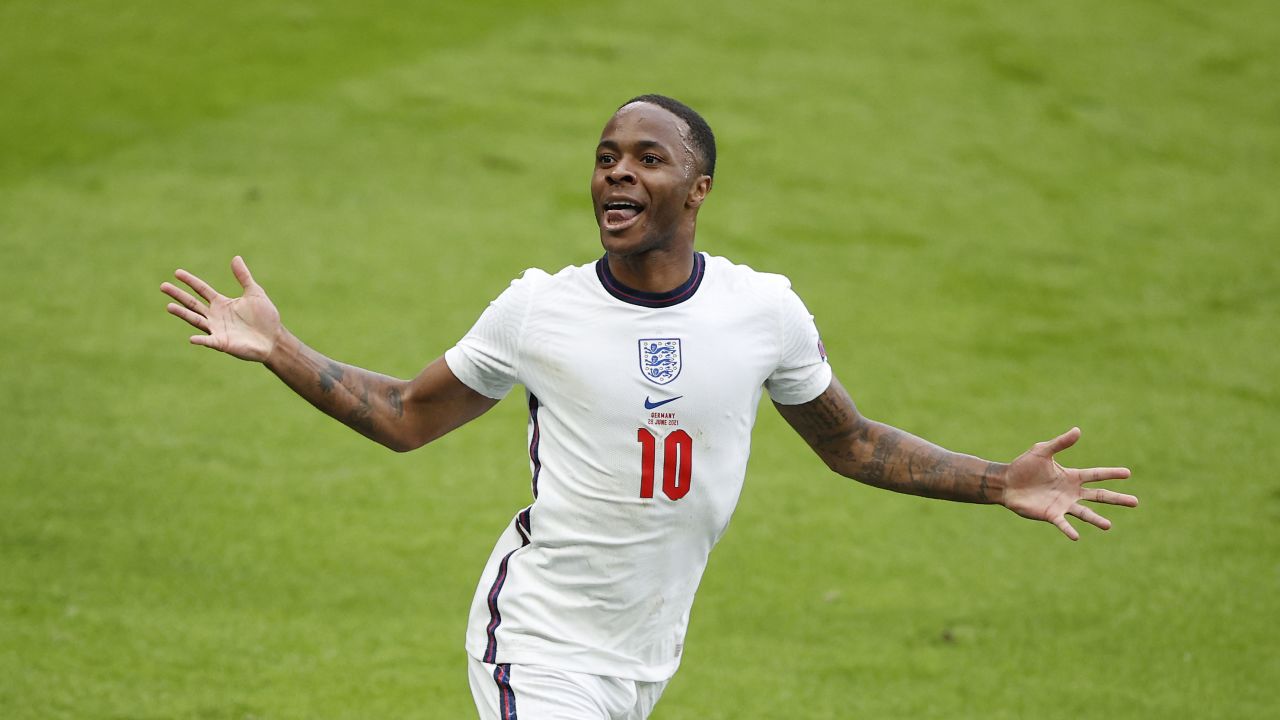 Raheem Sterling of England celebrates after scoring their side's first goal during the UEFA Euro 2020 Championship Round of 16 match between England and Germany at Wembley Stadium.