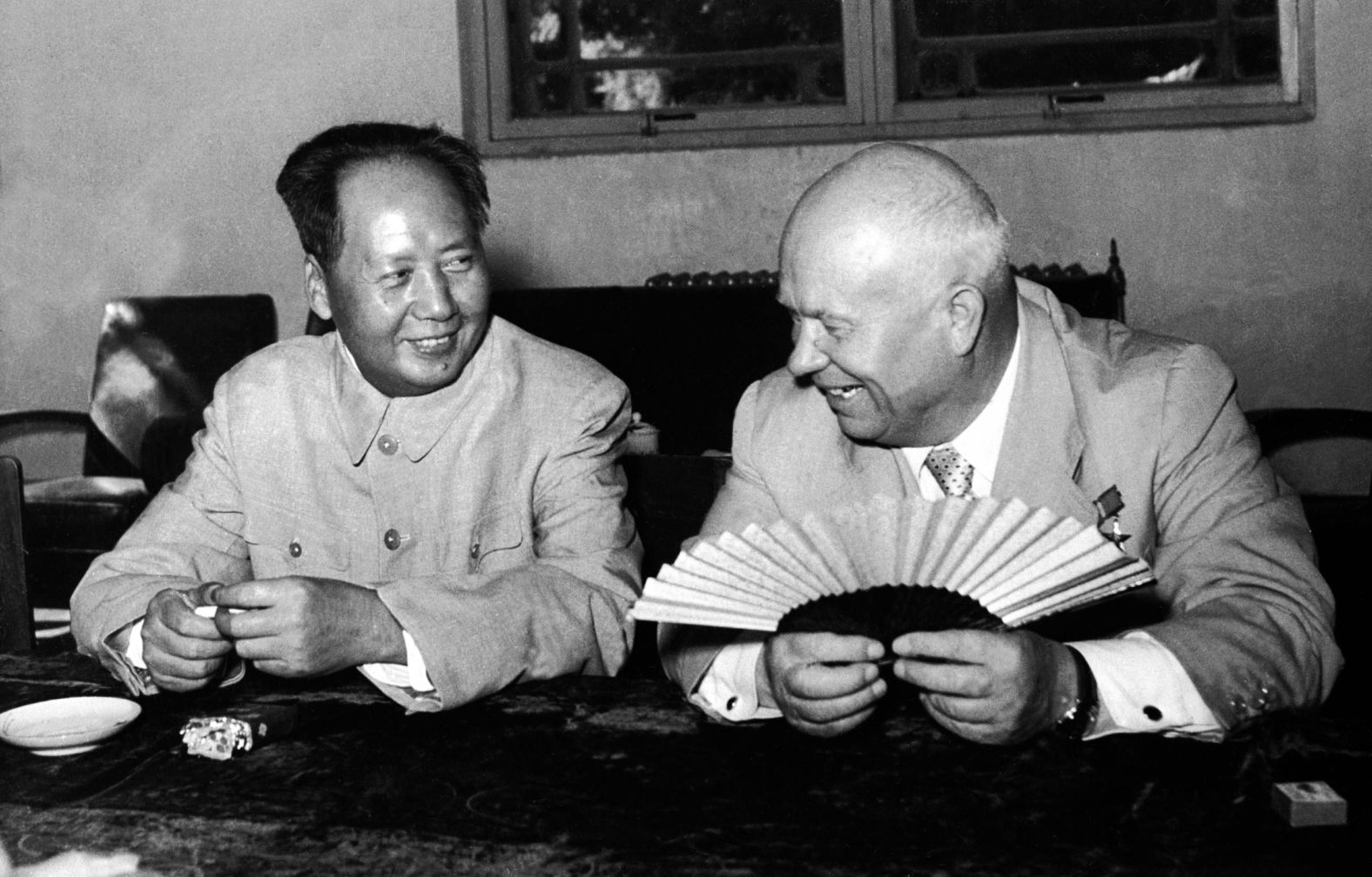 Mao meets Soviet leader Nikita Khrushchev in Beijing in August 1958. Despite China and the Soviet Union both being communist nations, their leaders didn't see eye to eye on the future of communism — in particular, Mao disagreed with Khrushchev's policies of peaceful coexistence with the West. Relations would soon sour between the two nations, with public denunciations in 1960.