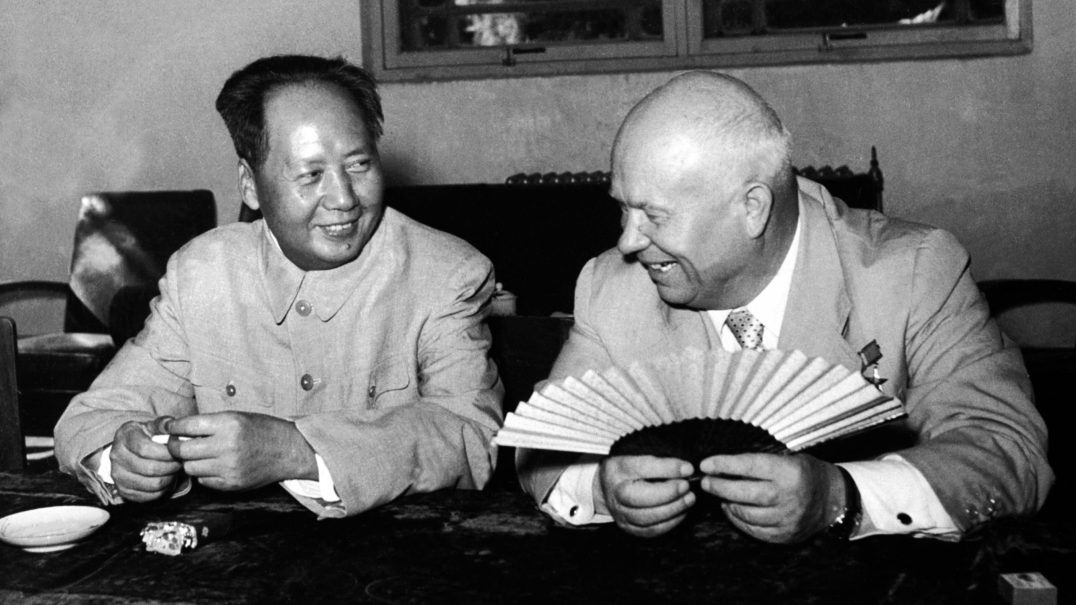 Mao meets Soviet leader Nikita Khrushchev in Beijing in August 1958. Despite China and the Soviet Union both being communist nations, their leaders didn't see eye to eye on the future of communism — in particular, Mao disagreed with Khrushchev's policies of peaceful coexistence with the West. Relations would soon sour between the two nations, with public denunciations in 1960.