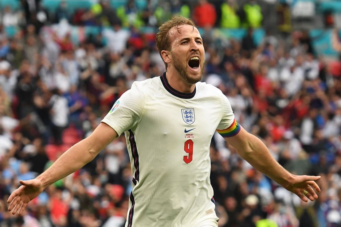 England captain Harry Kane celebrates after scoring his side's second goal.