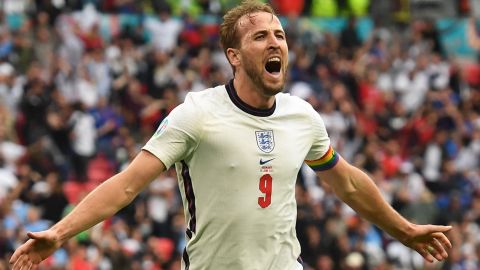 Harry Kane celebrates after scoring England's second goal against Germany.