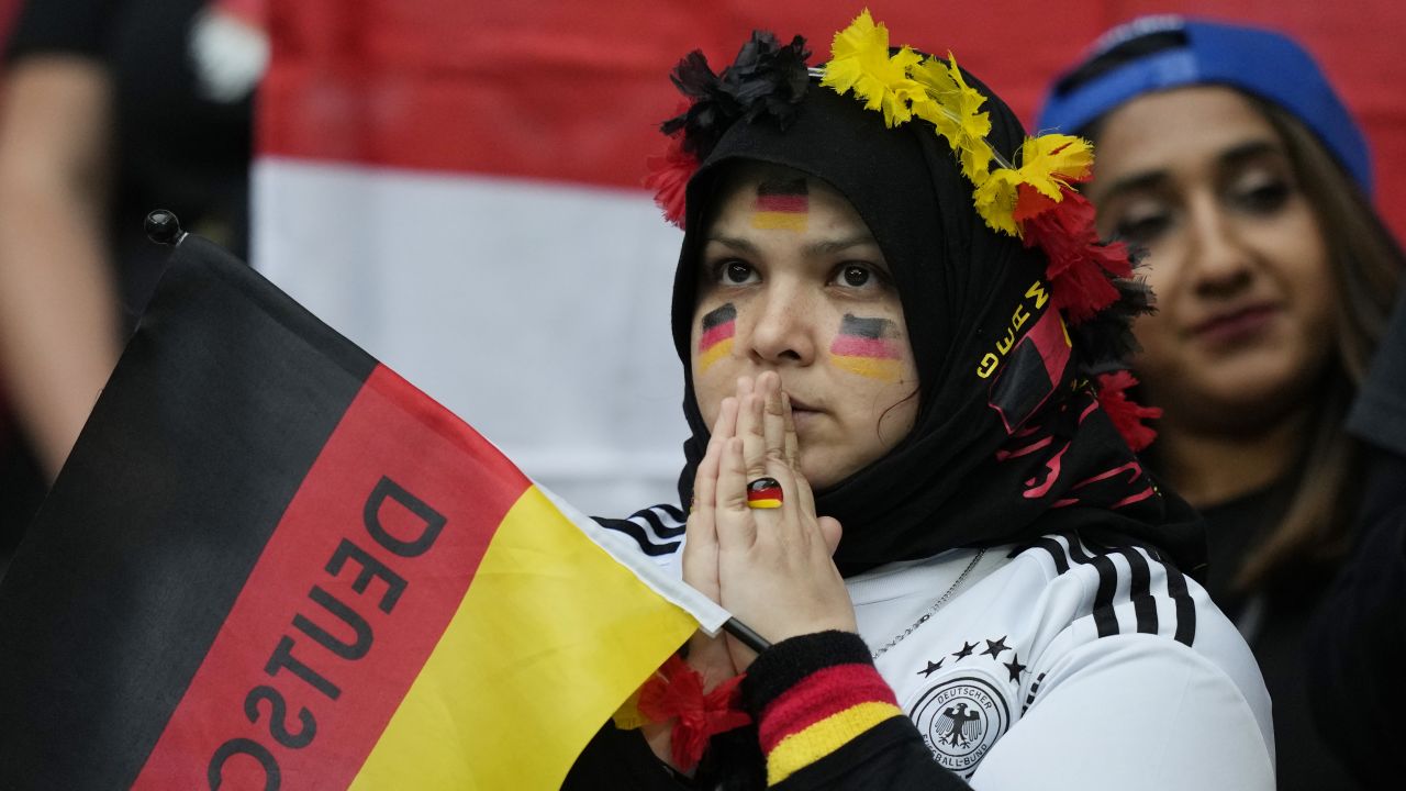 A Germany fan reacts during the UEFA Euro 2020 Championship Round of 16 match between England and Germany at Wembley Stadium.