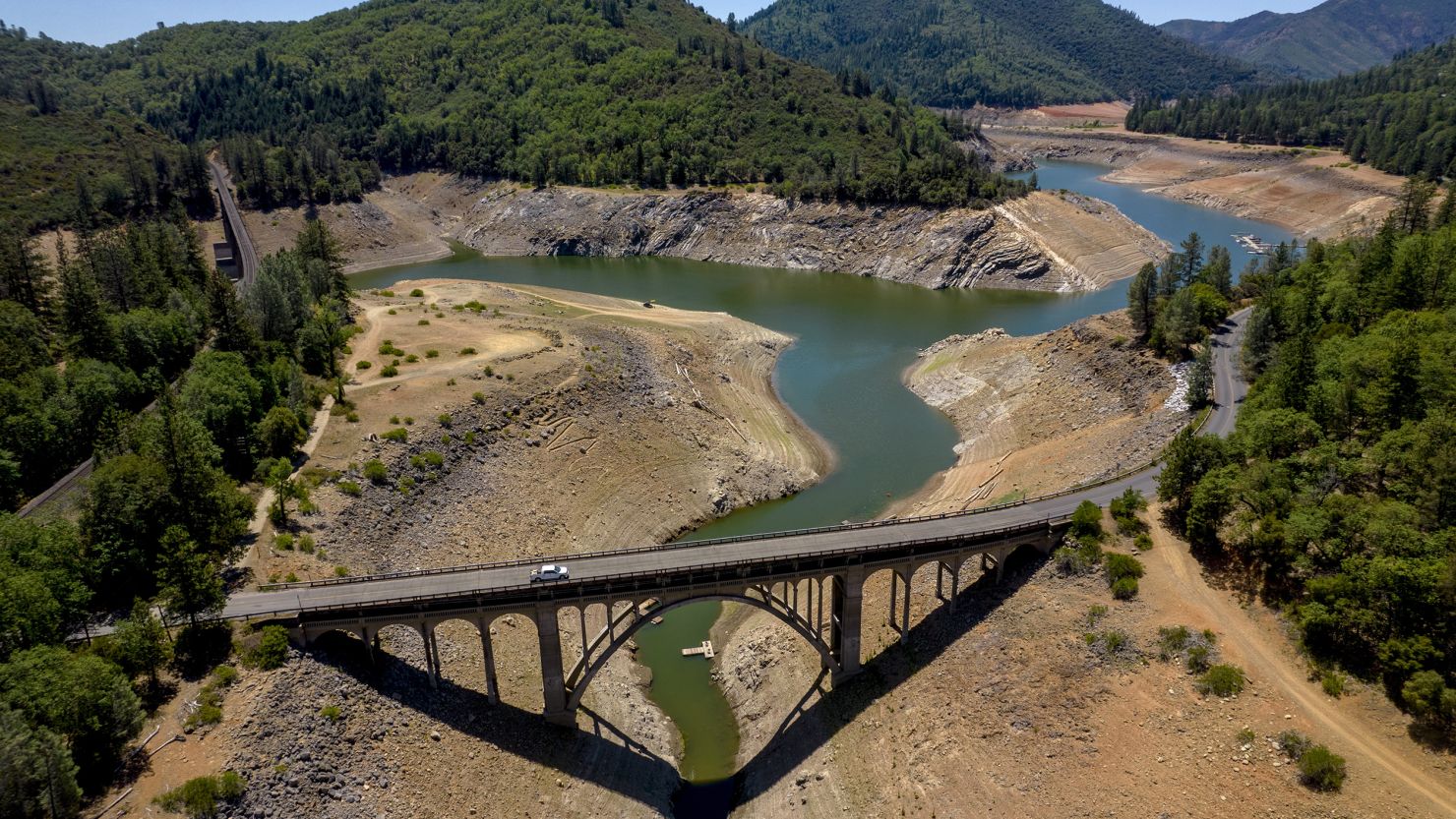 A tributary of the Sacramento River flows into Shasta Lake during a drought in Shasta-Trinity National Forest in California.