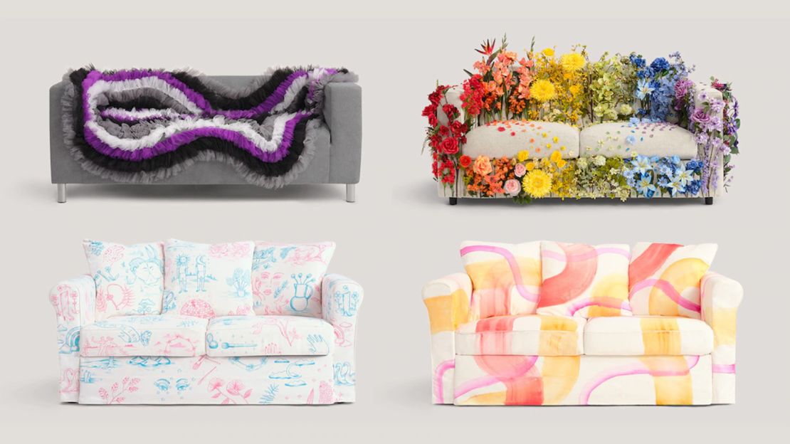 IKEA's Pride-flag themed couches -- top row: asexual, progress and bottom row: transgender, lesbian