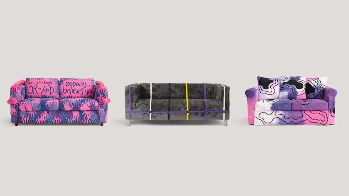 IKEA's Pride-flag themed couches, left to right: bisexual, nonbinary, gender-fluid