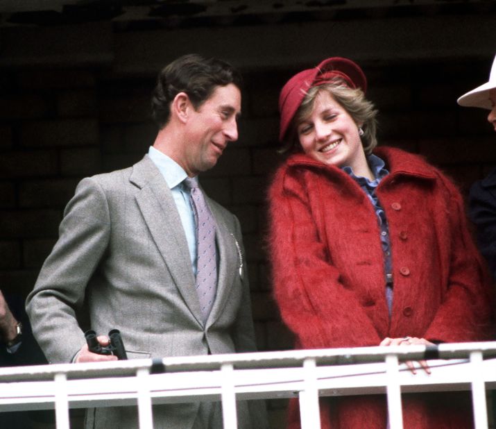 Charles and Diana attend the Grand National horse race in April 1982. 