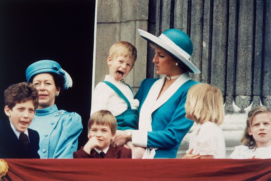 Prince Harry shows a bit of his personality on the Buckingham Palace balcony in June 1988.
